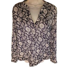 Eddie Bauer Women Blouse Blk/Wht Floral Long Sleeve Button Up Sz M